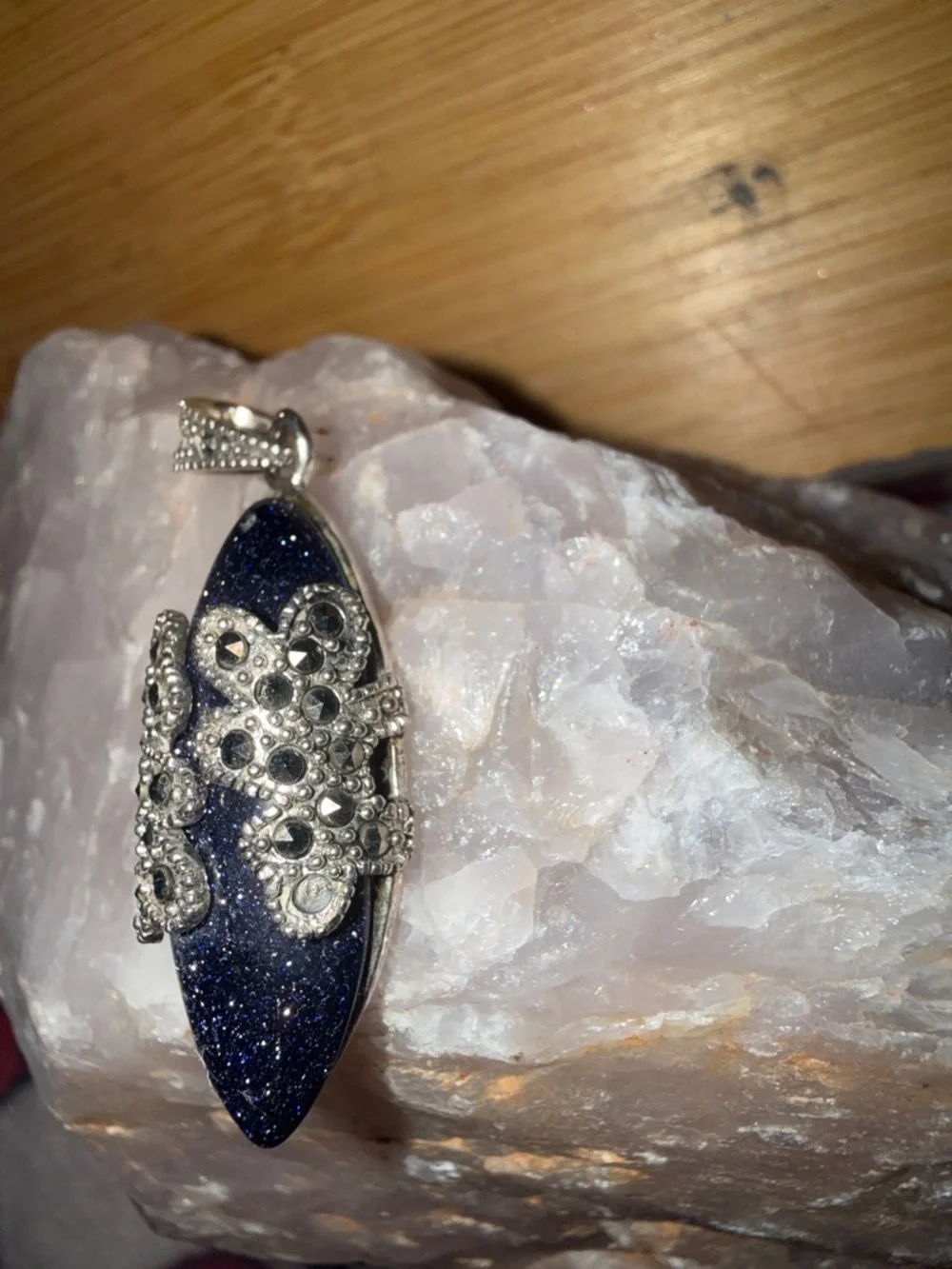 Vintage Sterling Silver Marcasite Blue Goldstone Pendant